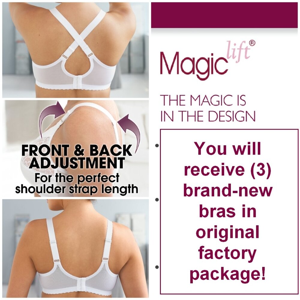 Set of 3! 36DD Glamorise MAGIC LIFT Bra (CONVERTIBLE-STRAPS) Wireless WHITE NEW